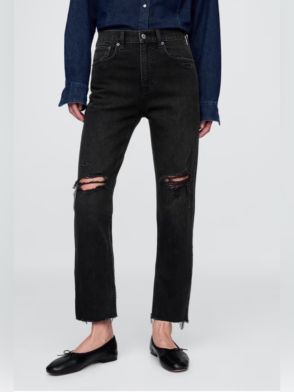 GAP Black High-Rise Distressed Straight-Leg Jeans